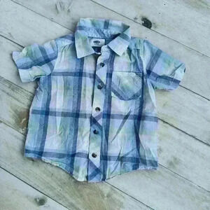 Old Navy Toddler Boys Plaid Button Up Flannel Shirt Short Sleeve Size 3T Blue